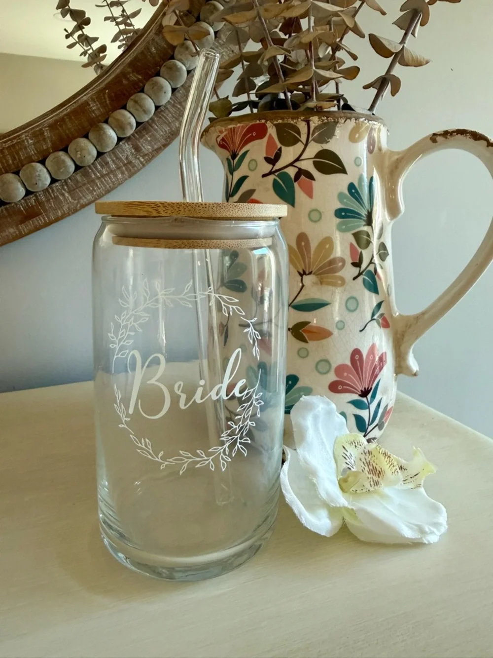 ✨ Bride Tumbler Glass Cup with Straw + Bamboo Lid Wedding Bridal Shower Gift ✨